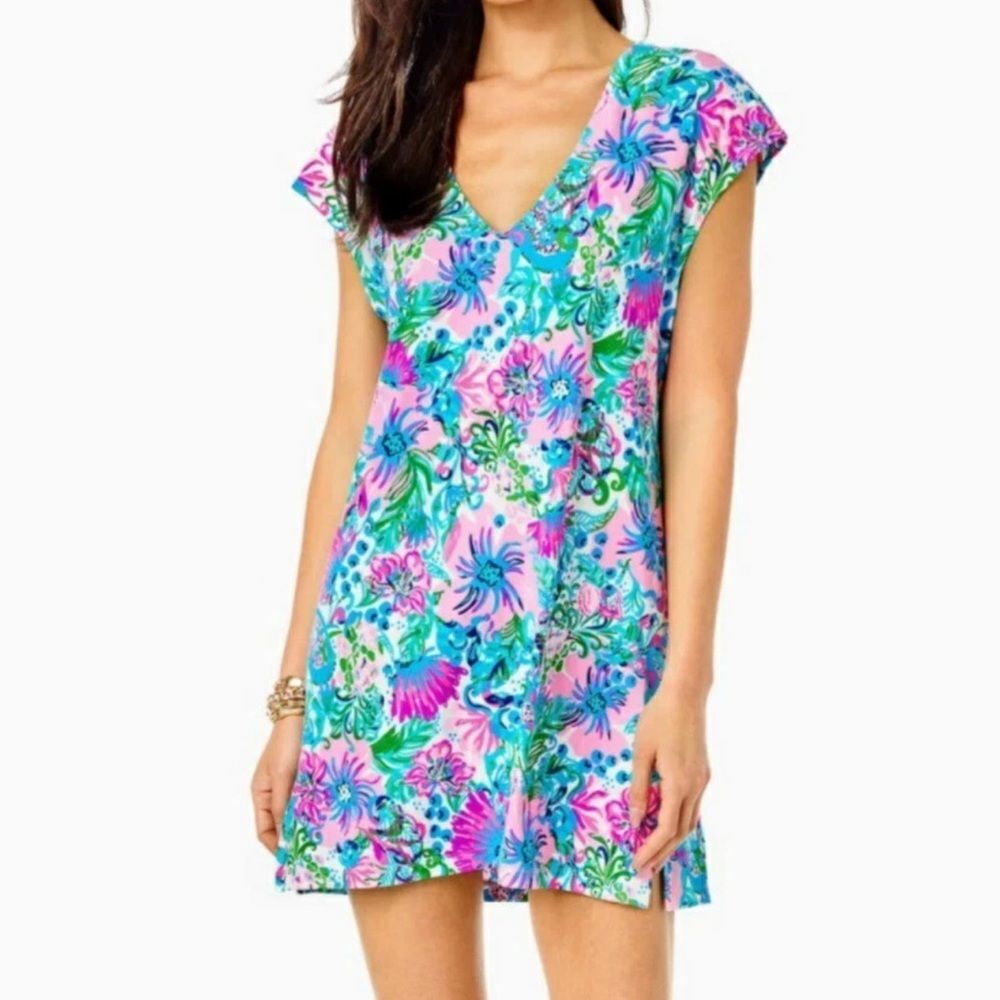 Lilly Pulitzer Talli V-neck Vibrant Floral cover-up Dress women’s LG NWOT summer